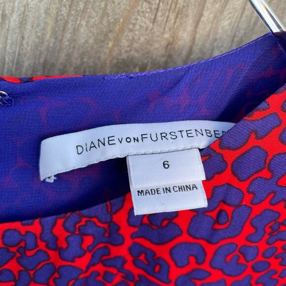 Diane Von Furstenberg Leopard Print Silk Blend Fit & Flare Dress Red Blue Size 6 - Picture 8 of 10